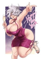 1girls aunt aunt_hellen_(insouwu) belly big_breasts blush blush breasts child_bearing_hips chubby chubby_female dress earrings fangs female hair_over_one_eye insouwu massive_breasts mature_female milf mole_on_breast new_year_2025 no_bra piercing pose red_eyes short_hair thick thick_hips thick_legs thick_thighs tomboy_milf white_body white_hair white_skin