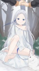 1boy absurdres anus bare_legs barefoot blue_eyes blue_ribbon closed_mouth collarbone convenient_censoring dress feet female foot_focus forest full_body grey_hair highres long_hair looking_at_viewer natsuki_subaru nature no_panties outdoors pandora_(re:zero) pov pov_hands rabbit re:zero_kara_hajimeru_isekai_seikatsu ribbon ribbon-trimmed_clothes ribbon-trimmed_dress ribbon_trim single_off_shoulder sitting soles solo_focus toes tree very_long_hair white_dress white_eyelashes yicheen