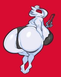 accessory anus ass barely_visible_anus big_breasts big_butt black_clothing black_panties black_underwear breasts cellphone clothing electronics female flower flower_in_hair gardevoir generation_3_pokemon hair hair_accessory looking_back nintendo panties phone plant pokemon pokemon_(species) red_eyes smartphone solo submarine_screw underwear white_body white_hair white_skin