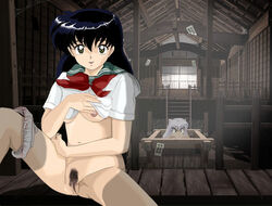 1boy 1girls animal_ears black_hair bottomless breasts brown_eyes female female_pubic_hair higurashi_kagome indoors inuyasha inuyasha_(character) kagome_higurashi long_hair looking_at_viewer nipples no_bra nude ofuda open_mouth panties panties_around_leg panties_around_one_leg peeking peeping presenting pussy ra_nomonto school_uniform schoolgirl seifuku serafuku shirt shirt_lift sitting smile solo_focus spread_legs uncensored undressing vagina walk-in watching white_hair white_panties