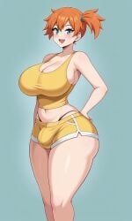 :d ai_generated aqua_eyes asymmetrical_hair bangs bare_shoulders blue_background blue_eyes blush breasts bulge cleavage clothing cowboy_shot crop_top curvaceous denim denim_shorts female female_only futanari green_eyes hand_on_hip highleg huge_breasts intersex kasumi_(pokemon) large_breasts legs looking_at_viewer midriff navel open_mouth orange_hair penis pokemon pokemon_(anime) pokemon_(classic_anime) pokemon_(game) pokemon_character ponytail shiny shiny_skin shirt short_hair short_shorts shorts side_ponytail simple_background sleeveless smile solo standing tank_top testicles thick_thighs thighs tied_hair underwear wide_hips yellow_shirt yellow_tank_top