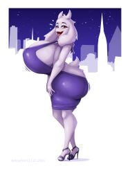 absurd_res aceymari anthro ass big_breasts big_butt biped bovid breasts caprine clothed clothing dress eyelashes female fingers footwear fur hi_res huge_breasts huge_butt mammal mature_female open_mouth pupils shoes side_view smile solo thick_thighs toriel undertale_(series)