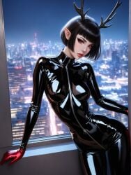 ai_generated anal antlers beach black_hair bondage elf_ears eye_contact gloves ice_cream leather pixie_cut red red_eyes red_gloves seductive_expression short_hair smirk smug_expression teasing usebackdooronly