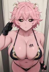 ai_generated ashido_mina barcode barcode_on_breast barcode_tattoo bikini bikini_bottom bikini_top black_bikini black_gloves black_sclera boku_no_hero_academia brainwashed brainwashing civitai corruption droneification dronification enemy_conversion fingerless_gloves horns huge_breasts hypnosis identity_death large_breasts mental_transformation mina_ashido mind_control my_hero_academia opera_gloves pink_hair pov pov_hands salute saluting tagme yellow_eyes yellow_horn