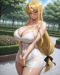 1girl ai_generated anime_style blonde_hair cleavage curvy grippyai high_quality huge_breasts long_hair looking_at_viewer outdoors park ponytail shiny_skin smile thick_thighs white_dress yellow_eyes