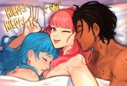 1boy 1boy2girls 2025 2girls ;p bedroom bite_mark blue_eyes brown_hair claude_von_riegan closed_eyes closed_mouth cuddling dark-skinned_male dark_skin fire_emblem fire_emblem:_three_houses hilda_valentine_goneril interracial intimate light-skinned_female light_skin long_hair marianne_von_edmund pillow pink_eyes pink_hair selfie sethkiel sheets short_hair sideburns sleeping spooning text threesome tongue tongue_out v_sign wink