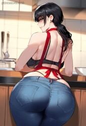 1girls aged_up ai_generated apron black_bra chainsaw_man chronick cowboy_shot curvy from_behind highleg_panties hourglass_figure housewife jeans kitchen large_ass large_breasts looking_back mitaka_asa nai_diffusion seductive_look solo standing thick_thighs wide_hips