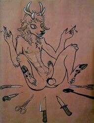 anthro antlers ballbusting balls bondage cervine cock_and_ball_torture deer hooves horn knife mammal masochism needleplay needles penis playfuldeer