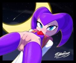 2025 arms_behind_back ass_visible_through_thighs black_background blue_eyes blush delicioussoup female female_only looking_at_viewer moon nights nights_into_dreams purple_body purple_skin pussy sega sky_background thighhighs thighs