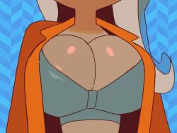 areolae big_breasts breasts breasts_out clothing dark-skinned_female dark_skin egg female female_focus female_only green_hair huge_breasts looking_at_viewer marina_(splatoon) nintendo nipples octoling orange_clothing splatoon splatoon_3 tagme tentacle_hair video wamudraws