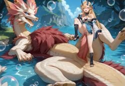 1girls ai_generated blonde_hair blue_eyes bubbles female female female koicorp mizutsune monster_hunter monster_on_female oni_horns onimizu pubic_hair size_difference virtual_youtuber vtuber