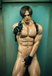 3d 3d_(artwork) ai_art ai_assisted ai_generated biohazard covering_crotch fingerless_gloves gay gun hand_on_crotch leon_kennedy leon_scott_kennedy male_only pointing_gun resident_evil solo_focus solo_male