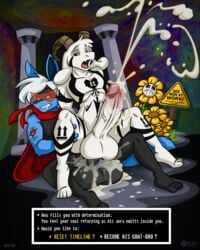 2016 2boys 4_toes absurd_res anal anal_sex anthro asriel_dreemurr asriel_dreemurr_(god_form) balls big_balls black_sclera boss_monster cape caprine clenched_teeth clothing crossover cum cum_in_ass cum_inside cum_while_penetrated cumshot english_text eyewear fangs flower flowey_the_flower gameplay_mechanics glasses goat group hair hi_res horn huge_balls huge_cock humanoid_penis lucario male male_penetrating mammal markings messy nintendo open_mouth orgasm penetration penis plant pokemon pokemon_(species) red_eyes sign tattoo teeth text toes tongue undertale video_games white_eyes white_hair wolfjedisamuel yaoi