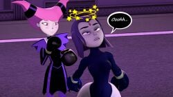 2girls 3d black_boxing_gloves black_gloves boots boxing boxing_gloves cartoon_network chakraeyes comic dc dc_comics dialogue dizzy dizzy_eyes duo duo_female duo_focus female female_only fight fighting gloves grey_skin indigo_boxing_gloves indigo_gloves jinx_(dc) leotard purple_eyes purple_hair rachel_roth raven_(dc) ryona short_hair short_hair_female star superhero superheroine supervillain supervillainess tagme teen_titans text text_bubble