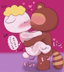 2021 absurd_res anthro anus balls blonde_hair blush bodily_fluids bovid brown_body caprine chibi chrono_(artist) chrono_(pixiv) closed_eyes digital_media_(artwork) duo eyeless female female_penetrated fifi_(hello_kitty) fifi_(sanrio) genitals hair heart_symbol hello_kitty hello_kitty_(series) hi_res japanese_text kiss_on_lips kissing male male/female male_penetrating male_penetrating_female mammal nude nude_anthro nude_female nude_male penetration procyonid raccoon saliva sanrio sex sheep simple_background sweat tail tears text thought_bubble tracy_(hello_kitty) tracy_(sanrio) translation_request white_body