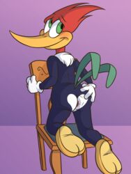 1boy anthro anthro_only anus ass avian bird blush feathers ladysomnambule looking_at_viewer looking_up male male_only presenting rear_view smile solo spreading the_woody_woodpecker_show universal_studios woodpecker woody_woodpecker