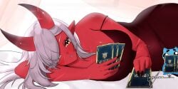 akumi bare_shoulders bed book breasts can demon_girl dress female hair_over_one_eye horns large_breasts long_hair looking_at_viewer lying on_bed on_side parted_lips pointy_ears red_skin solo vyugen yellow_eyes