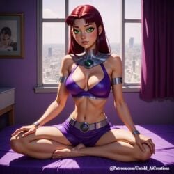 1girls ai_generated bedroom cleavage dc dc_comics female female_only light-skinned_female light_skin long_hair looking_at_viewer no_sex not_porn safe sitting solo solo_female starfire teen_titans teenager untoldaicreations untoldcreate