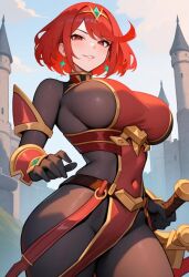 1girls ai_generated breasts earrings large_breasts looking_at_viewer pyra pyra_(xenoblade) red_eyes red_hair short_hair sword xenoblade_(series) xenoblade_chronicles_2