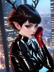 ai_generated antlers beach black_hair bondage elf_ears eye_contact gloves ice_cream leather pixie_cut red red_eyes red_gloves seductive_expression short_hair smirk smug_expression teasing usebackdooronly