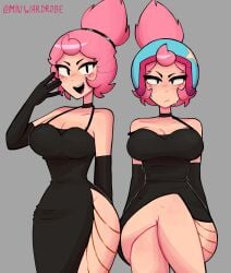 black_dress black_gloves brawl_stars gloves janet_(brawl_stars) legs_crossed looking_at_viewer pink_hair