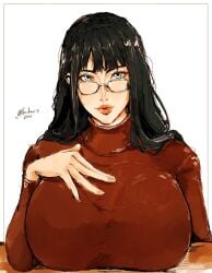 1girls bangs black_hair blue_eyes bon_drawr breasts_bigger_than_head breasts_on_table clothing female female_only fully_clothed glasses hand_on_chest large_breasts looking_at_viewer mature_female nico_robin one_piece red_lipstick red_shirt smile smiling smiling_at_viewer solo solo_female turtleneck