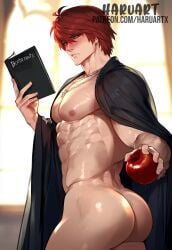 1boy ai_generated ass brown_hair death_note death_note_(object) haruartx holding_object huge_ass light_yagami looking_at_viewer male male_only manly muscular_male pectorals short_hair solo