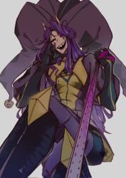 1boy 1male 1males 1man 1men 2d 2d_(artwork) 2d_artwork aggressivedog01_(artist) black_sclera clothed clothing color colored dressed fully_clothed fully_dressed horns jester jester_(the_freak_circus) jester_cap jester_costume jester_hat jester_outfit leash leash_pull leashed_pov long_hair looking_at_another looking_down male male_only purple_eyes purple_hair sharp_teeth smile smiling solo solo_focus solo_male straight_hair tfc the_freak_circus