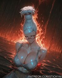 1girls age_difference anime ayase_seiko breasts breasts dandadan eyewear fire fit glasses nsfw spell stomach wet white_hair