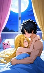 ai_generated black_hair blonde_hair curly_hair fairy_tail gray_fullbuster lucy_heartfilia pixai sleeping_together wholesome