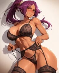 1girls abs ai_generated bangs bare_shoulders black_bra black_clothes black_legwear black_panties black_thighhighs black_underwear bleach bleach:_the_thousand-year_blood_war blush bra breasts clavicle cleavage clothing cowboy_shot curvaceous curvaceous_female curvaceous_figure curvy curvy_figure dark-skinned_female dark_skin female female female_focus female_only garter_belt garter_straps hair_ornament inviting inviting_to_sex lace lace-trimmed_bra lace_trim large_breasts legwear lingerie lips long_hair looking_at_viewer mature_female navel nipples pantsu parted_bangs parted_lips ponytail presenting presenting_breasts presenting_hindquarters presenting_pussy presenting_self purple_hair seductive seductive_look seductive_smile shadow shihouin_yoruichi shiny shiny_skin side-tie_panties skindentation smile solo standing sweat thick_thighs thighhighs thighs tied_hair toned underwear underwear_only voluptuous voluptuous_female waifuinvoker yellow_eyes