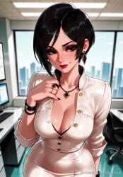 2025 ada_wong ada_wong_(adriana) ai_generated anime black_bra black_eyes black_hair bra breasts chair cleavage collarbone computer crossover earrings eye_contact female female_focus female_only highres huge_breasts indoors inside jewelry large_breasts lips lipstick looking_at_viewer makeup mole mole_under_eye monitor nail_polish necklace office office_chair office_lady patreon pencil_skirt red_lips resident_evil resident_evil_2 resident_evil_4 resident_evil_4_remake ring rognezart shiny shiny_skin shirt short_hair skirt sleeves_rolled_up smile smiling solo underwear watch white_shirt window
