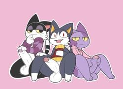 3boys aintsmart animal_crossing big_penis bob_(animal_crossing) bottomless clothed clothing feline femboy male male_only mammal masturbation nintendo partially_retracted_foreskin penis punchy_(animal_crossing) red_eyes rover_(animal_crossing) uncut video_games