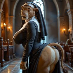 ai_generated anthro ass big_butt bubble_butt church curvaceous curvy_figure disney felid female hi_res huge_butt lion looking_at_viewer mammal mature_female narrowed_eyes nun_outfit pantherine sarabi sarabi_(the_lion_king) solo the_lion_king vlrgromns voluptuous