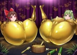 2girls anus ass ass_focus big_ass big_breasts blush blushing_female body_paint bodypaint breasts brown_hair completely_nude completely_nude_female female female_only gold gold_paint green_eyes green_hair huge_ass huge_breasts large_ass looking_at_viewer maruhagedou nipples nude nude_female presenting presenting_ass presenting_butt pubic_hair pussy red_eyes reimu_hakurei sanae_kochiya small_breasts sweat sweatdrop sweating touhou