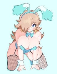 2025 bent_forward big_breasts blonde_hair blue_background blue_eyes blush bowtie bowtie_collar breasts bunny_ears bunnysuit cleavage ducktracio earrings female female_only fishnet_stockings fishnets hair_over_one_eye mario_(series) nintendo on_knees princess_rosalina thick_thighs thighs