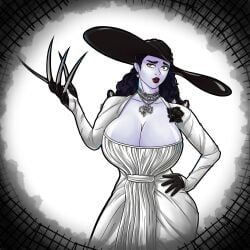 alcina_dimitrescu black_hair clawed_fingers claws dress hat necklace resident_evil resident_evil_8:_village wakkhc white_dress white_skin