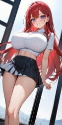 1girls ai_generated bangs bare_legs bare_thighs big_breasts blue_eyes breasts commentary_request cute female female_focus female_only girl girly large_ass legs lia_the_busty_redhead long_hair looking_at_viewer midriff miniskirt original original_character petite pleated_skirt red_hair self_upload shirt short_skirt skirt smile solo solo_female solo_focus t-shirt tagme thighs topwear white_topwear young younger_female