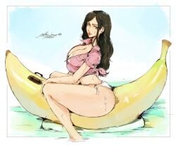 1girls arched_back banana banana_boat bare_legs bikini_bottom black_hair bon_drawr cleavage clothing female female_only large_ass large_breasts nico_robin one_piece pink_shirt side_view sitting solo solo_female straddling thick_ass thick_thighs tied_shirt wet white_panties