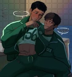 457 bathroom bathroom_sex bathroom_stall black_hair blush brown_hair groping groping_from_behind hand_in_pants hand_on_leg handjob handjob_through_clothing hwang_in-ho male/male midriff no_visible_genitalia seong_gi-hun shirt_up squid_game text text_bubble track_jacket yaoi