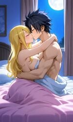 ai_generated black_hair blonde_hair curly_hair fairy_tail gray_fullbuster lucy_heartfilia pixai sleeping_together wholesome