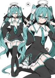 blue_hair green_eyes green_hair hat hatsune_miku heart huge_thighs long_hair ribbon smile thighs tongue twintails vocaloid