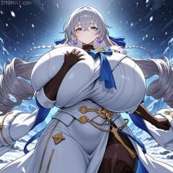 ai ai_generated big_breasts big_hair breasts bronya bronya_rand chunky closed_eyes honkai:_star_rail honkai_(series) hyper hyper_breasts snow soup squish squished_breasts white_hair