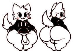 anthro ass balls blush bottomless boy_kisser_(meme) clothed clothing deadsector felid feline femboy fluffy fluffy_tail fur genitals hoodie ineffective_clothing looking_back male mammal meme penis silly_cat_(mauzymice) solo tail thick_thighs topwear white_body white_fur