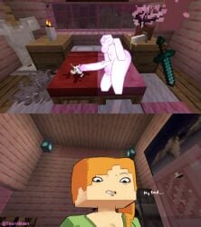 1female 1futa alex_(minecraft) big_breasts big_penis blocky_body busty cum curvy curvy_figure disgusted flaccid futanari ginger_hair leaking_cum minecraft pale_skin post_orgasm resting sleeping stain stained_sheets thornslash uwu