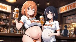 ai_generated bar beer black_hair hooters hooters_uniform pregnant red_hair