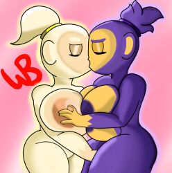 2025 adora_(bloons_tower_defense) areolae bloons_tower_defense breast_grab closed_eyes completely_nude completely_nude_female ezili fingering furry incest kissing large_breasts monkey monkey_girl nipples nude nude_female ponytail purple_fur shortstack simple_background sisters wungobungo yellow_fur yuri