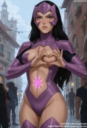 1boy ai_generated bangs black_hair blurry_background blush bodysuit breasts building carol_ferris center_opening city cleavage closed_mouth clothing covered_navel cowboy_shot day dc dc_comics female female gloves green_lantern_(series) groin heart heart_hands highleg jousneystudio justice_league justice_league_unlimited large_breasts legwear leotard lips long_hair long_sleeves looking_at_viewer male multiple_boys navel outdoors purple_eyes purple_hair purple_leotard shiny shiny_hair shiny_skin skin_tight sky solo_focus standing star_sapphire_(dc) tattoo thick_thighs thighhighs thighs violet_lantern watermark web_address wide_hips