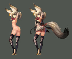 adjusting_hair animal_ears arms_behind_head ass blade_&_soul blue_eyes breasts earrings elbow_gloves female gloves grey_background highres jewelry lyn_(blade_and_soul) mouth_hold panties qbspdl simple_background tail underwear