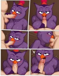 1girls accurate_art_style ai_generated anthro avian balbesina beak bird black_eyes blowjob blush breasts comic digital_media_(artwork) eyelashes facial fellatio female furry gilf half-closed_eyes handjob hat human kikoriki lidded_eyes mature_female milf nipples olga_(kikoriki) oral oral_sex owl purple_body purple_skin riki_group seductive sequence smeshariki solo solo_focus sovunya stable_diffusion